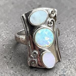 Sterling Silver Opal Mother of Pearl Statement Ring 925 Thailand Size 8.5